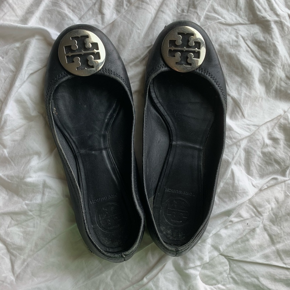 Black Leather Tory Burch Ballet Flats